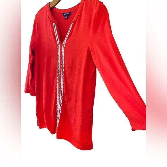 Lands’ End Sz 6/8 Red White Embroidered V-Neck 3/4 Sleeves Cotton Tunic - Picture 4 of 6